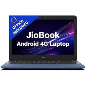JioBook 11 with Lifetime Office/Android 4G Laptop Mediatek 8788 (JioOS) / Octa-core/ 4GB RAM / 64 eMMC Storage/Thin and Light Laptop (11.6 inch, 990 Grams)/ Dual Band WiFi + SIM/Blue